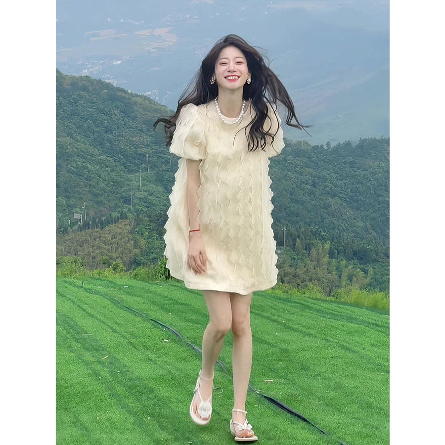 Đầm Tay Phồng Cổ Tròn Ba Chiều Phong Cách Hàn Quốc Thời Trang Mùa Hè Ngọt Ngào