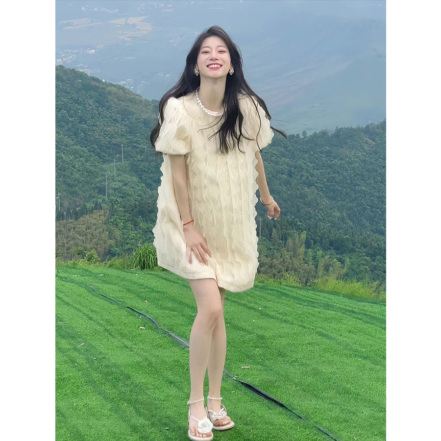 Đầm Tay Phồng Cổ Tròn Ba Chiều Phong Cách Hàn Quốc Thời Trang Mùa Hè Ngọt Ngào