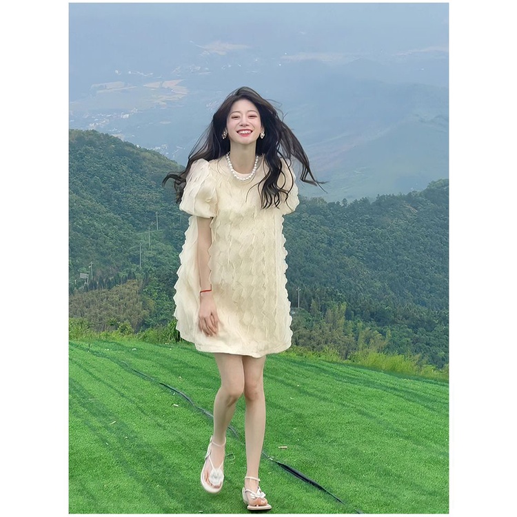 Đầm Tay Phồng Cổ Tròn Ba Chiều Phong Cách Hàn Quốc Thời Trang Mùa Hè Ngọt Ngào