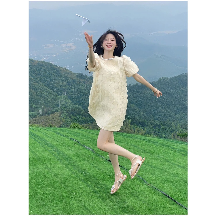 Đầm Tay Phồng Cổ Tròn Ba Chiều Phong Cách Hàn Quốc Thời Trang Mùa Hè Ngọt Ngào