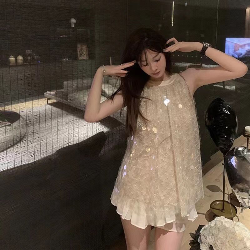 [Hàng Có Sẵn Giao Hàng Nhanh] Đầm Ngắn Hai Dây Trễ Vai Đính Kim Sa Lấp Lánh Phong Cách Quyến Rũ Nổi Tiếng 20