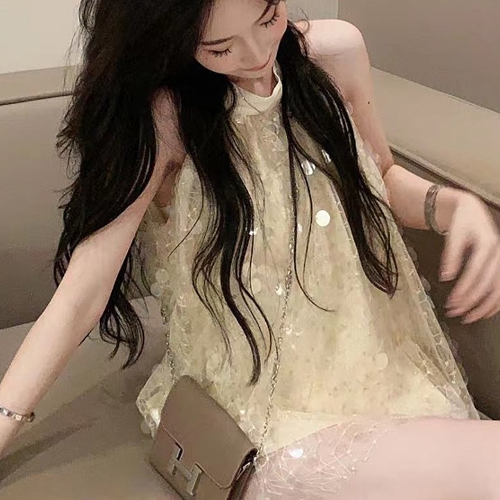 [Hàng Có Sẵn Giao Hàng Nhanh] Đầm Ngắn Hai Dây Trễ Vai Đính Kim Sa Lấp Lánh Phong Cách Quyến Rũ Nổi Tiếng 20