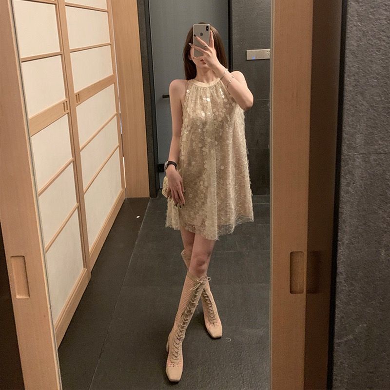 [Hàng Có Sẵn Giao Hàng Nhanh] Đầm Ngắn Hai Dây Trễ Vai Đính Kim Sa Lấp Lánh Phong Cách Quyến Rũ Nổi Tiếng 20