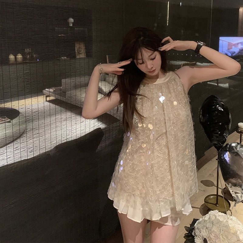 [Hàng Có Sẵn Giao Hàng Nhanh] Đầm Ngắn Hai Dây Trễ Vai Đính Kim Sa Lấp Lánh Phong Cách Quyến Rũ Nổi Tiếng 20