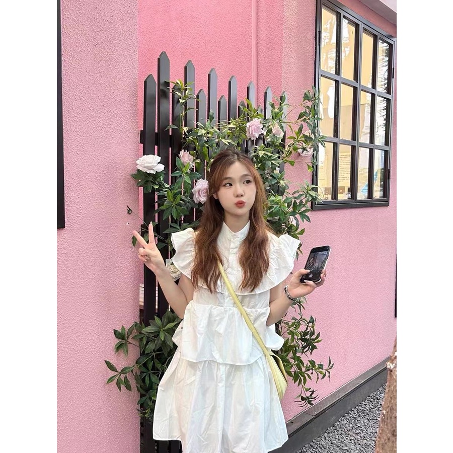Đầm Trắng Mùa Hè 2023 Dáng Ngắn Tay Bèo Nhún Dễ Thương Phong Cách Pháp Cao Cấp Cho Nữ