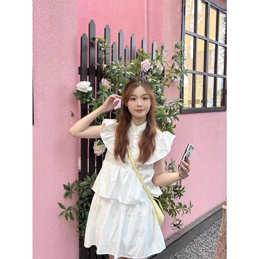 Đầm Trắng Mùa Hè 2023 Dáng Ngắn Tay Bèo Nhún Dễ Thương Phong Cách Pháp Cao Cấp Cho Nữ