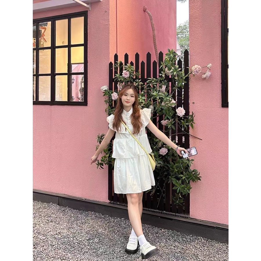 Đầm Trắng Mùa Hè 2023 Dáng Ngắn Tay Bèo Nhún Dễ Thương Phong Cách Pháp Cao Cấp Cho Nữ
