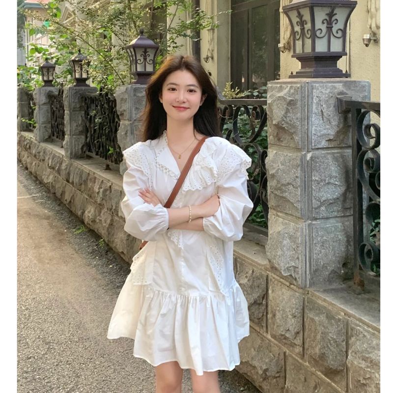 [Hàng Có Sẵn Giao Hàng Nhanh] Đầm Mùa Thu Tay Dài Viền Bèo Eo Cao Phong Cách Mới Ngọt Ngào Cho Nữ