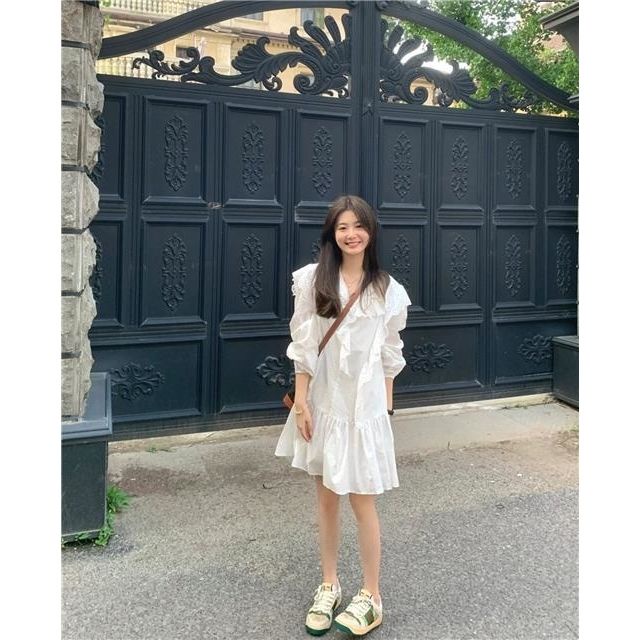 [Hàng Có Sẵn Giao Hàng Nhanh] Đầm Mùa Thu Tay Dài Viền Bèo Eo Cao Phong Cách Mới Ngọt Ngào Cho Nữ