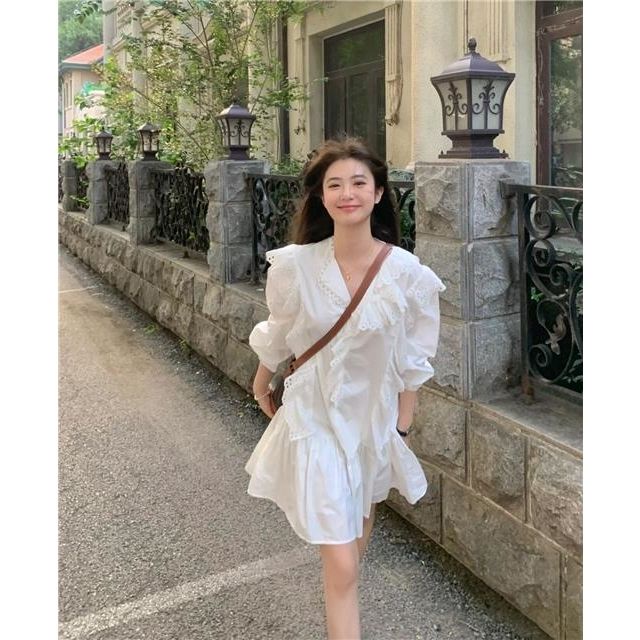 [Hàng Có Sẵn Giao Hàng Nhanh] Đầm Mùa Thu Tay Dài Viền Bèo Eo Cao Phong Cách Mới Ngọt Ngào Cho Nữ