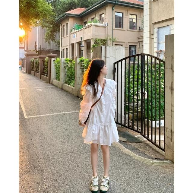 [Hàng Có Sẵn Giao Hàng Nhanh] Đầm Mùa Thu Tay Dài Viền Bèo Eo Cao Phong Cách Mới Ngọt Ngào Cho Nữ