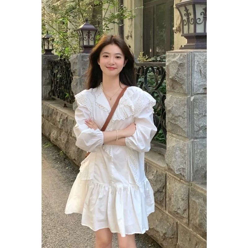 [Hàng Có Sẵn Giao Hàng Nhanh] Đầm Mùa Thu Tay Dài Viền Bèo Eo Cao Phong Cách Mới Ngọt Ngào Cho Nữ