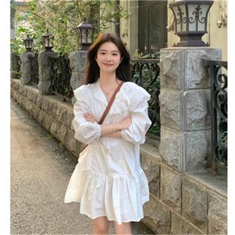 [Hàng Có Sẵn Giao Hàng Nhanh] Đầm Mùa Thu Tay Dài Viền Bèo Eo Cao Phong Cách Mới Ngọt Ngào Cho Nữ