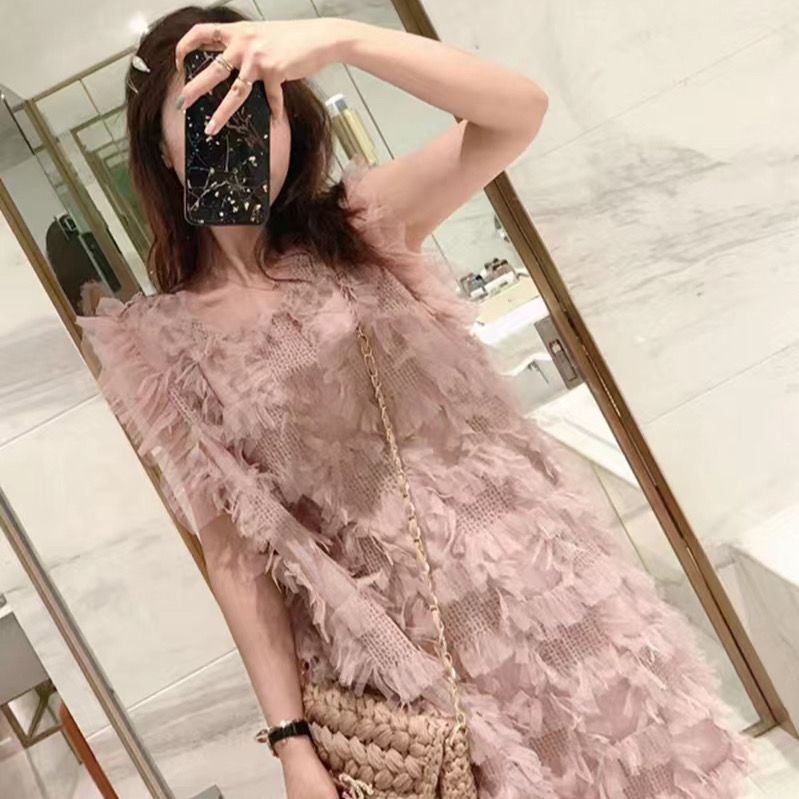 [Hàng Có Sẵn Giao Hàng Nhanh] Đầm Sát Nách Phối Tua Rua Lông Vũ Phong Cách Phương Tây Thời Trang Xuân Hè 2023