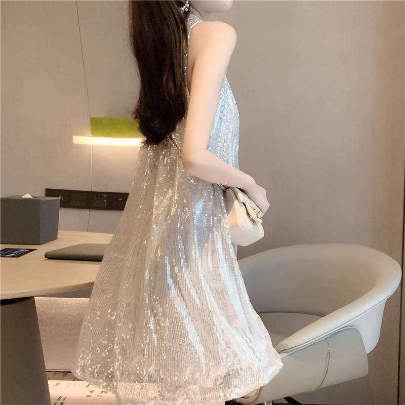 [Hàng Có Sẵn Giao Hàng Nhanh] Váy Ngắn Dáng Rộng Không Tay Đính Kim Sa Phong Cách Mới Mùa Hè 2023