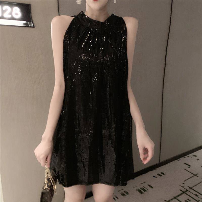 [Hàng Có Sẵn Giao Hàng Nhanh] Váy Ngắn Dáng Rộng Không Tay Đính Kim Sa Phong Cách Mới Mùa Hè 2023
