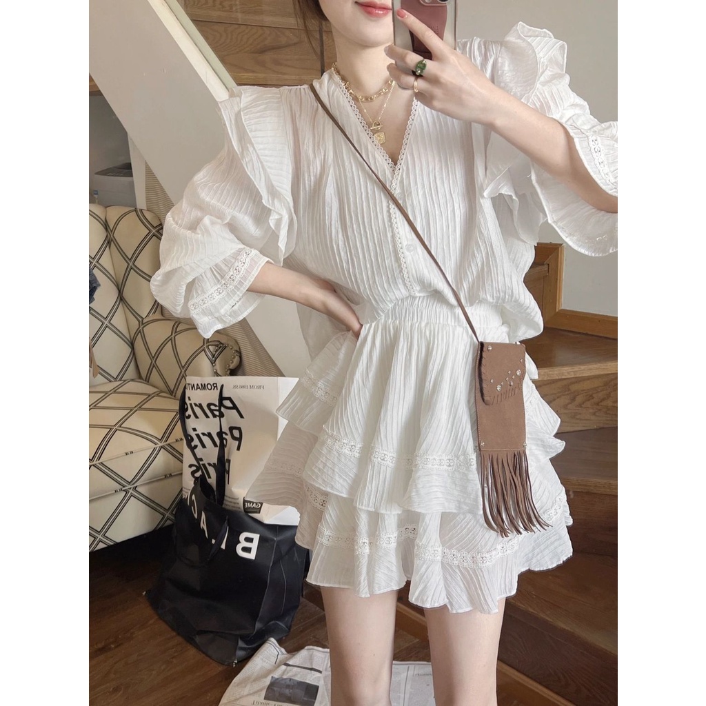 Bộ Áo Sơ Mi Trắng Cổ Chữ V Phối Chân Váy Ren Rỗng Thời Trang Mùa Hè Xinh Xắn Cho Nữ
