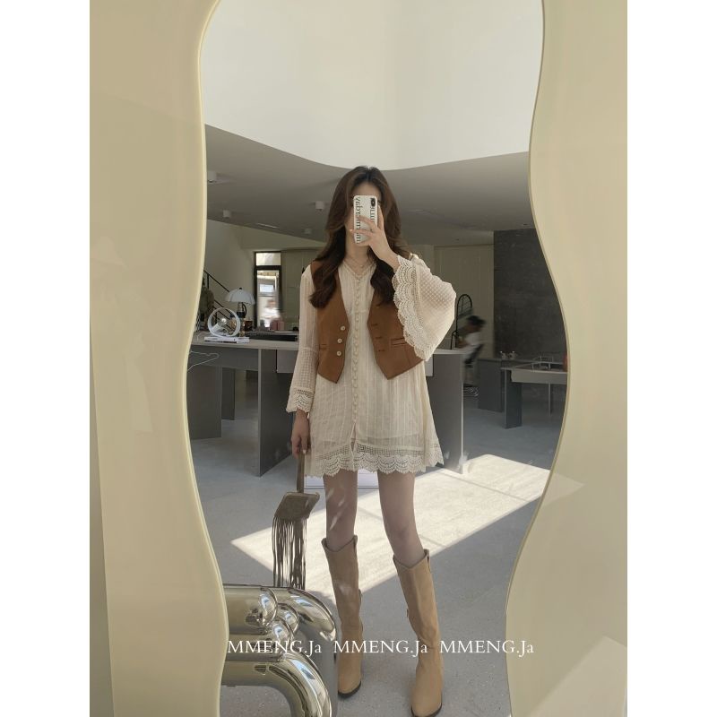 [Hàng Có Sẵn Giao Hàng Nhanh] Đầm Nhung Sát Nách Phối Ren Nhỏ Nhắn Công Nghiệp