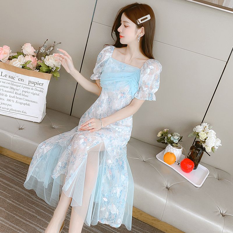 [Hàng Có Sẵn Giao Hàng Nhanh] Đầm Công Chúa Dáng Mỏng Ôm Eo Màu Xanh Dương Phong Cách Pháp Thời Trang Mùa Hè 2023