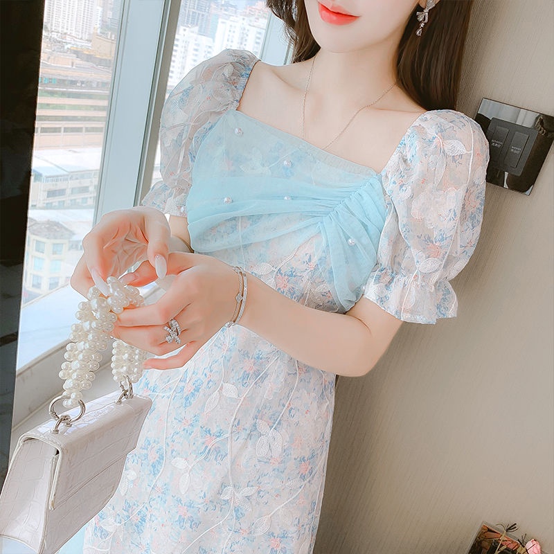 [Hàng Có Sẵn Giao Hàng Nhanh] Đầm Công Chúa Dáng Mỏng Ôm Eo Màu Xanh Dương Phong Cách Pháp Thời Trang Mùa Hè 2023