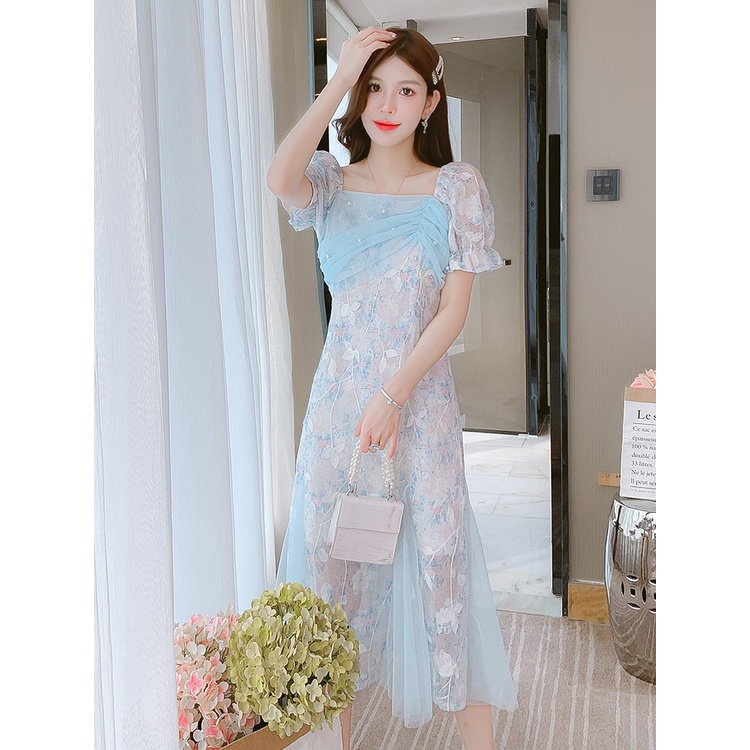 [Hàng Có Sẵn Giao Hàng Nhanh] Đầm Công Chúa Dáng Mỏng Ôm Eo Màu Xanh Dương Phong Cách Pháp Thời Trang Mùa Hè 2023