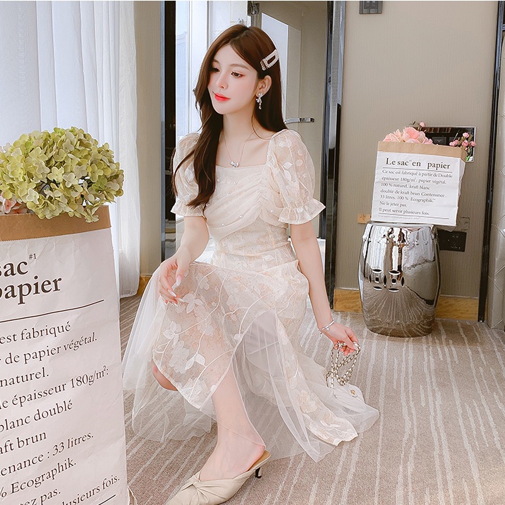 [Hàng Có Sẵn Giao Hàng Nhanh] Đầm Công Chúa Dáng Mỏng Ôm Eo Màu Xanh Dương Phong Cách Pháp Thời Trang Mùa Hè 2023