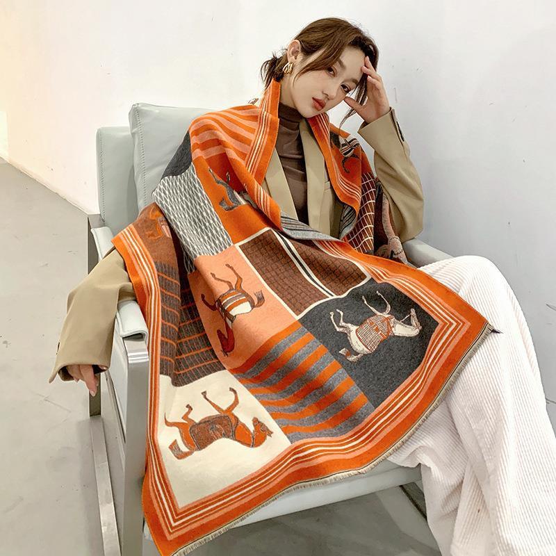 Hermes Khăn Choàng Cổ Hai Lớp Bằng Vải cashmere Dày Dặn Ấm Áp Phong Cách Hàn Quốc Sang Trọng