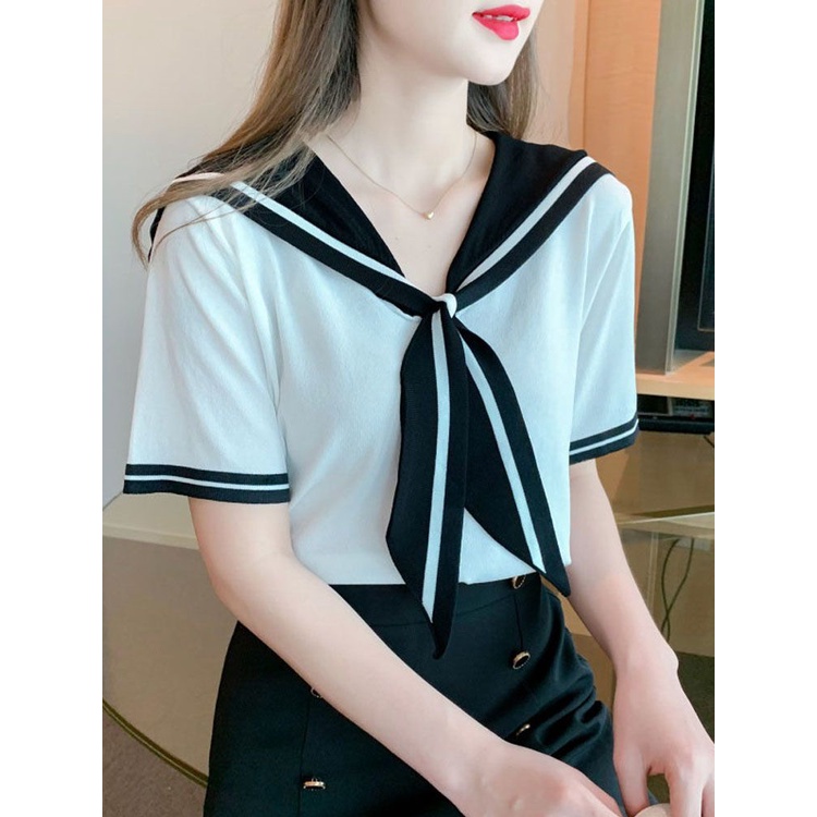 Áo Thun Tay Ngắn Cổ Thủy Thủ Dáng Rộng Bằng Lụa Lạnh Màu Sắc Hợp Thời Trang Phong Cách Hàn Quốc Cho Nữ 9