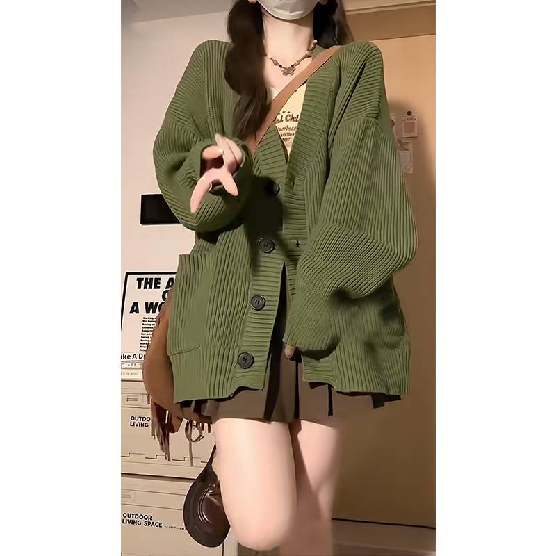 Ch t L Ng cao O len cardigan Màu Xanh Lá Cây Cổ Điển Nhật Bản Dày Dặn Dáng Rộng Mềm Mại Thời Trang Thu Đông Dành Cho Bạn Nữ