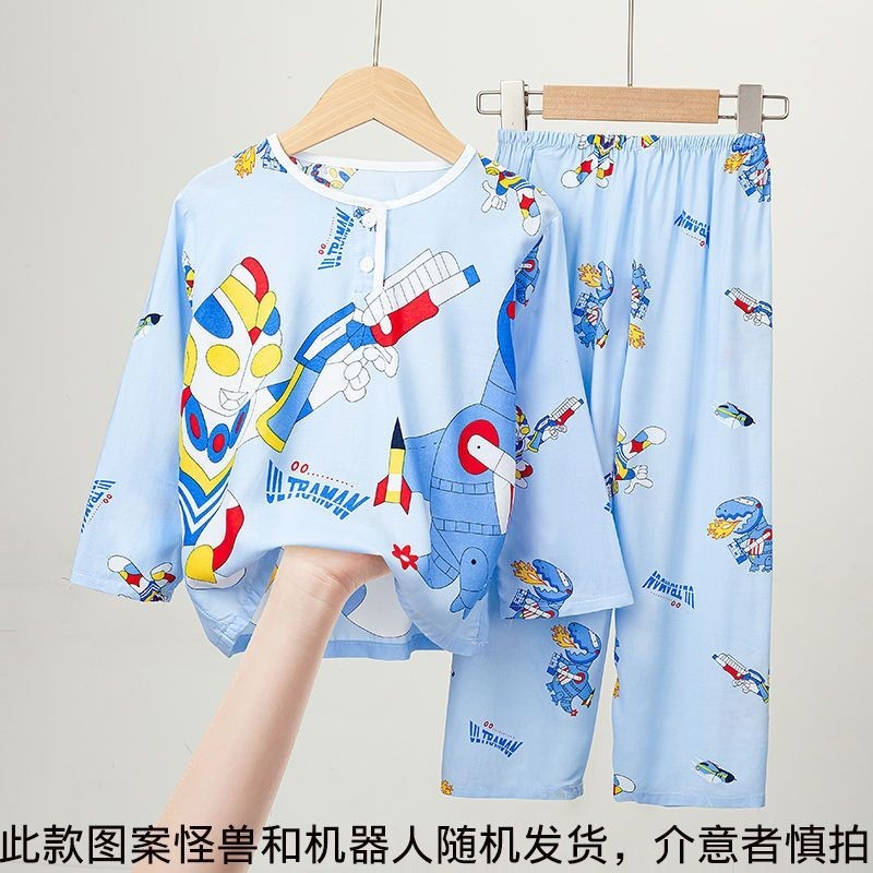 Bộ Đồ Ngủ Trẻ Em Mùa Hè Trẻ Em Cotton Bộ Đồ Ngủ Lụa Bé Trai Bé Gái Mùa Hè Bộ Đồ Bé Trai Bé Gái Cotton Lụa Mỏng Điều Hòa Không Khí Quần Áo Gia Đình