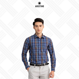  Áo sơ mi nam dài tay ARISTINO dáng suông nhẹ họa tiết xanh kẻ nâu thời thượng lịch lãm - ALS15402 