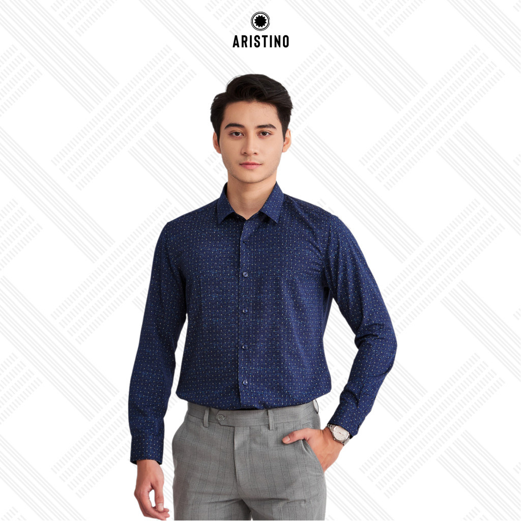 Áo sơ mi dài tay ARISTINO  in hoạ tiết vàng nền xanh mang đến diện mạo trẻ trung, lịch lãm - ALS0580
