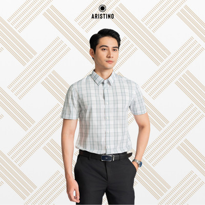 Áo sơ mi nam ngắn tay ARISTINO màu trắng kẻ xanh lá nam tính, thời thượng ASS007AZ