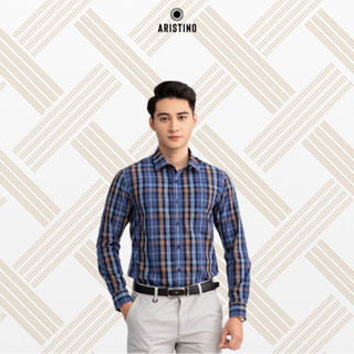 Áo sơ mi nam Aristino Regular Fit suông nhẹ thiết kế tà lượn có túi màu Xanh kẻ nâu thời thượng - ALS15402 