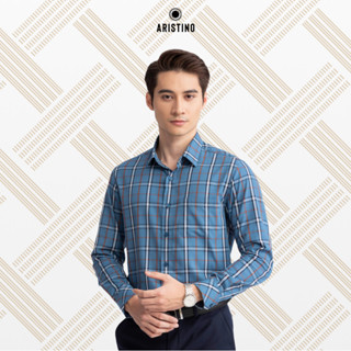  Áo sơ mi dài tay Aristino Regular fit thiết kế tà lượn có túi màu xanh tím than kẻ cam ALS19302 