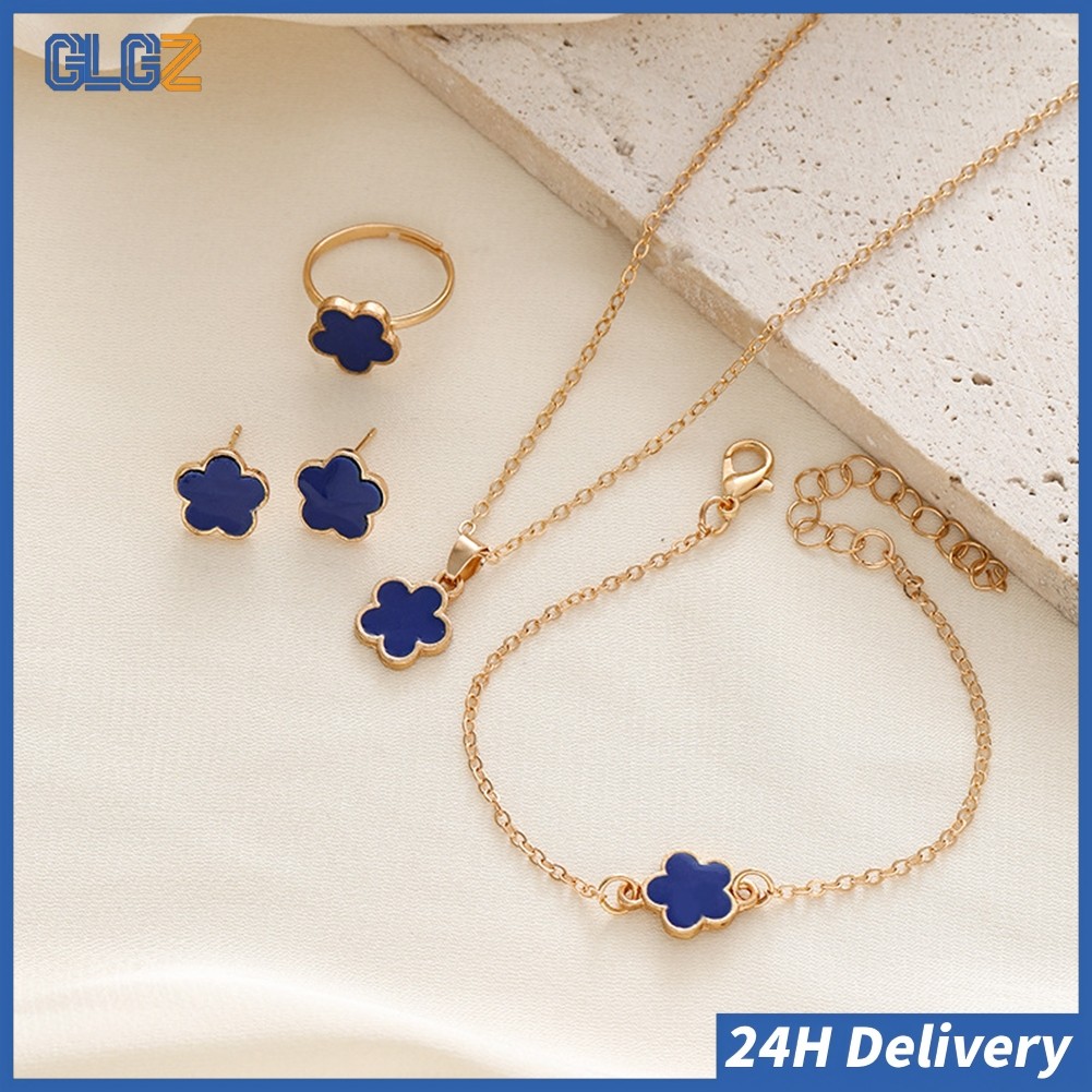 【Fast Ship】Bộ trang sức cỏ ba lá năm lá dành cho nữ Bộ vòng cổ vòng cổ cánh hoa đơn giản Bộ 4 món