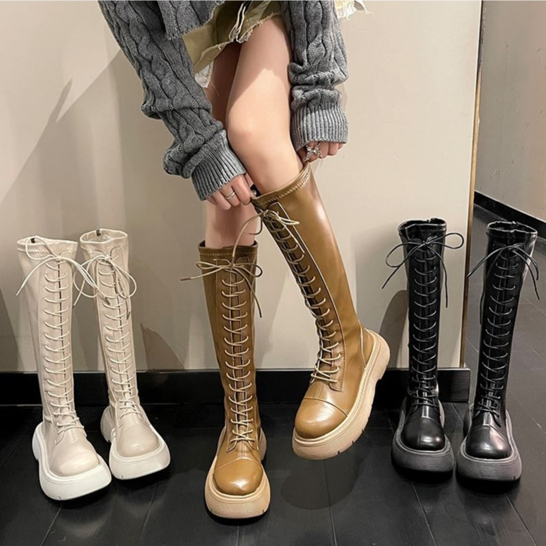 Giày Bốt Cổ Cao Qua Gối Đế Dày Cột Dây Phía Trước Phong Cách Mới But Kne