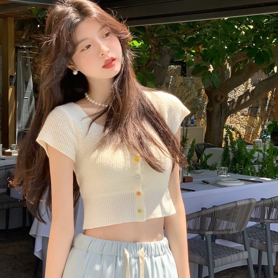 Áo croptop dệt kim SUXI tay ngắn màu trơn thời trang mùa hè dành cho nữ