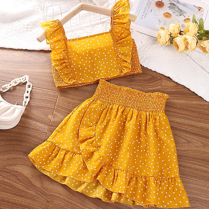 Bộ Áo Croptop + Chân Váy Chữ A Vải Voan Chấm Bi Co Giãn Thời Trang Mùa Hè Cho Bé Gái 5-12 Tuổi