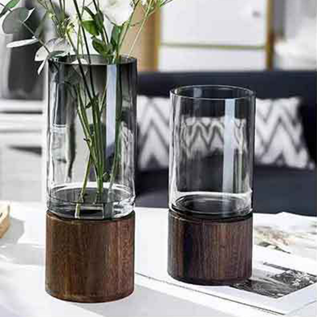 Bình Hoa Thủy Tinh Đế Gỗ Hình Trụ Phong Cách Hiện Đại
