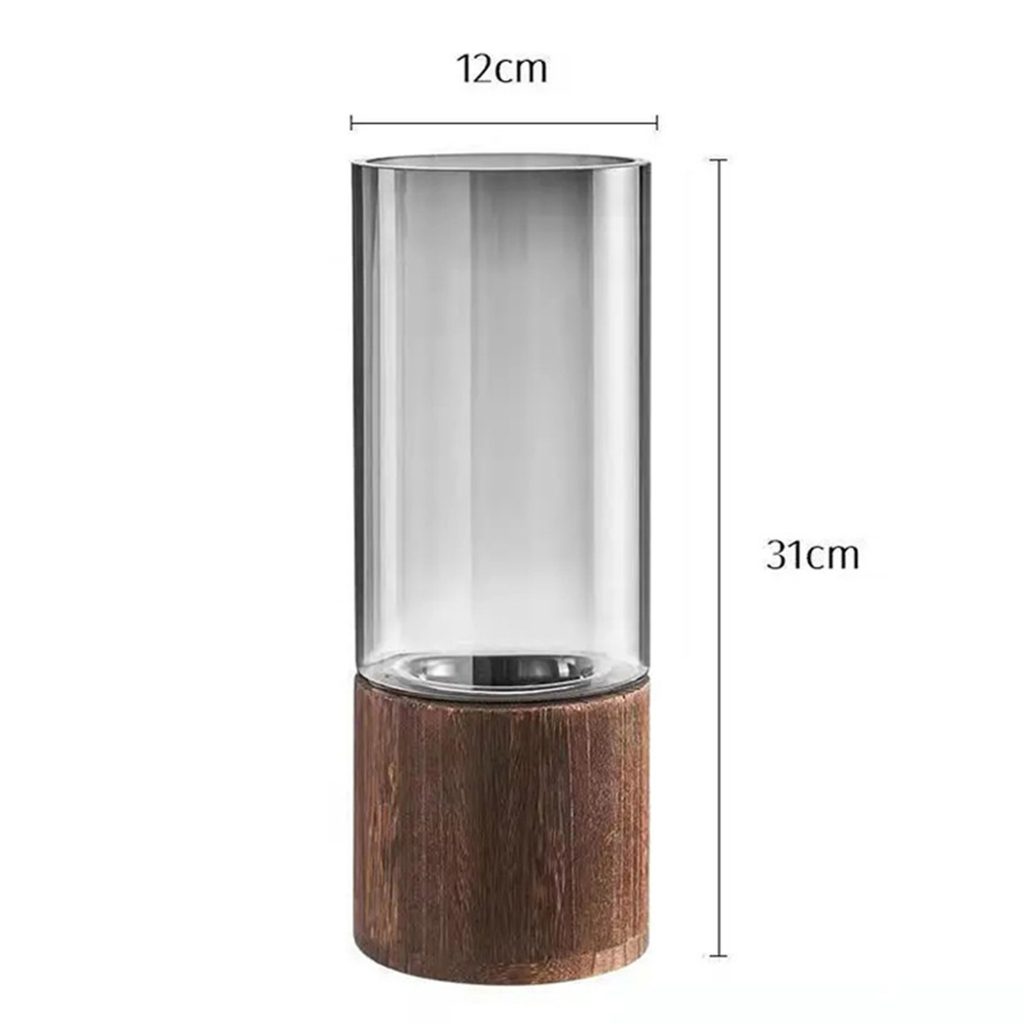 Bình Hoa Thủy Tinh Đế Gỗ Hình Trụ Phong Cách Hiện Đại