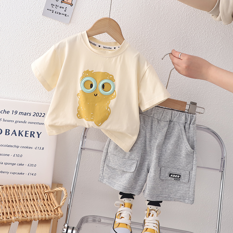 Set Áo Thun Tay Ngắn Cổ Tròn In Hình Đại Bàng Hoạt Hình + Quần Short Cotton Thời Trang Mùa Hè Cho Bé Kích Thước 80-120cm