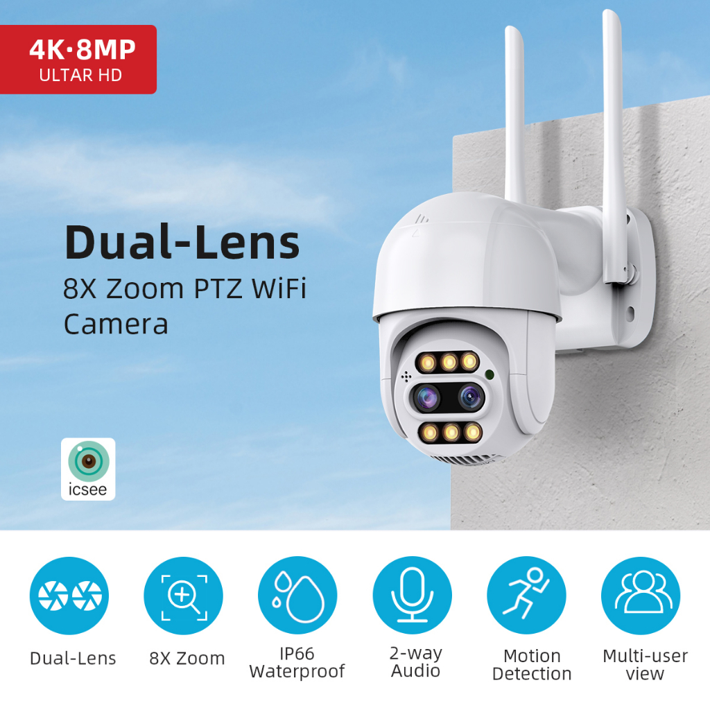 LLSEE APP icsee Dual Lens HD 8MP 4K Camera quan sát ngoài trời không dây Wi-Fi Camera thu phóng quang học 8X Camera an ninh Tầm nhìn ban đêm đầy màu sắc Không thấm nước Giao tiếp hai chiều