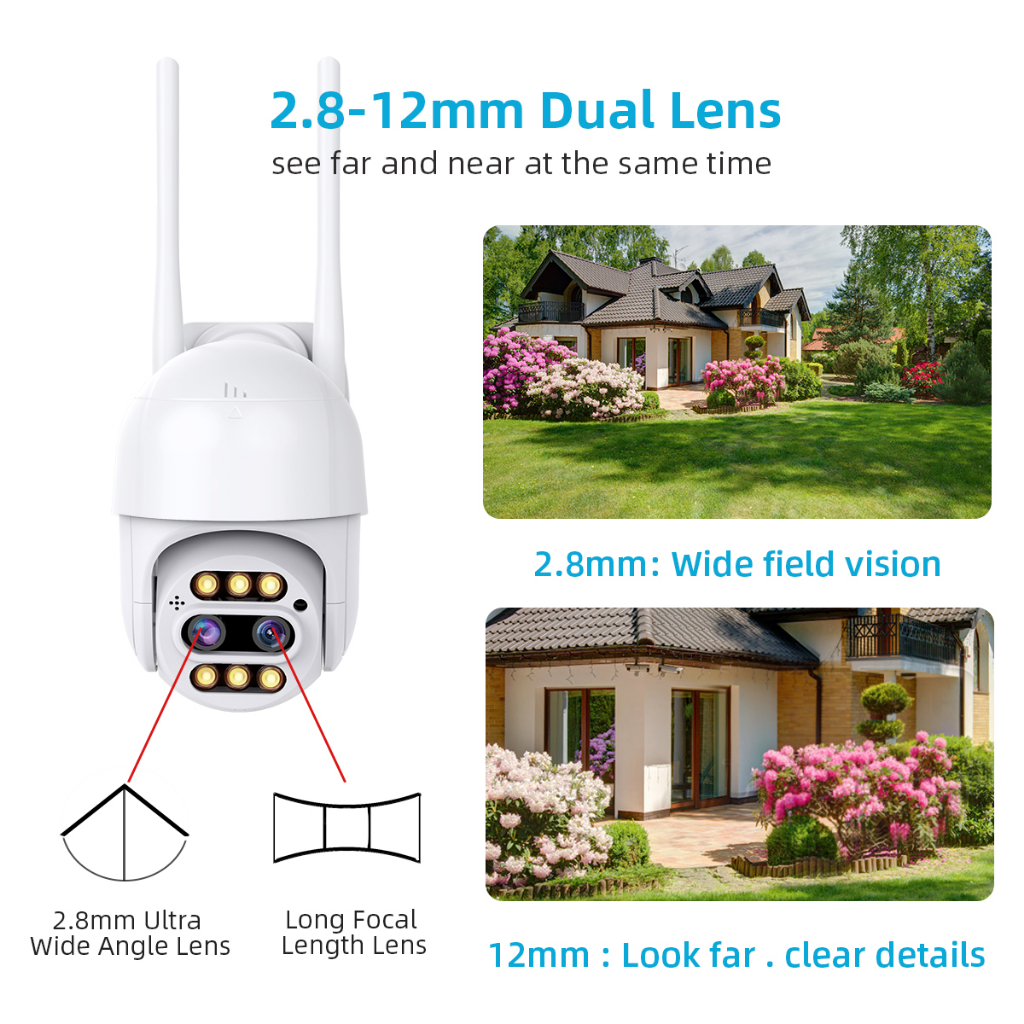 LLSEE APP icsee Dual Lens HD 8MP 4K Camera quan sát ngoài trời không dây Wi-Fi Camera thu phóng quang học 8X Camera an ninh Tầm nhìn ban đêm đầy màu sắc Không thấm nước Giao tiếp hai chiều