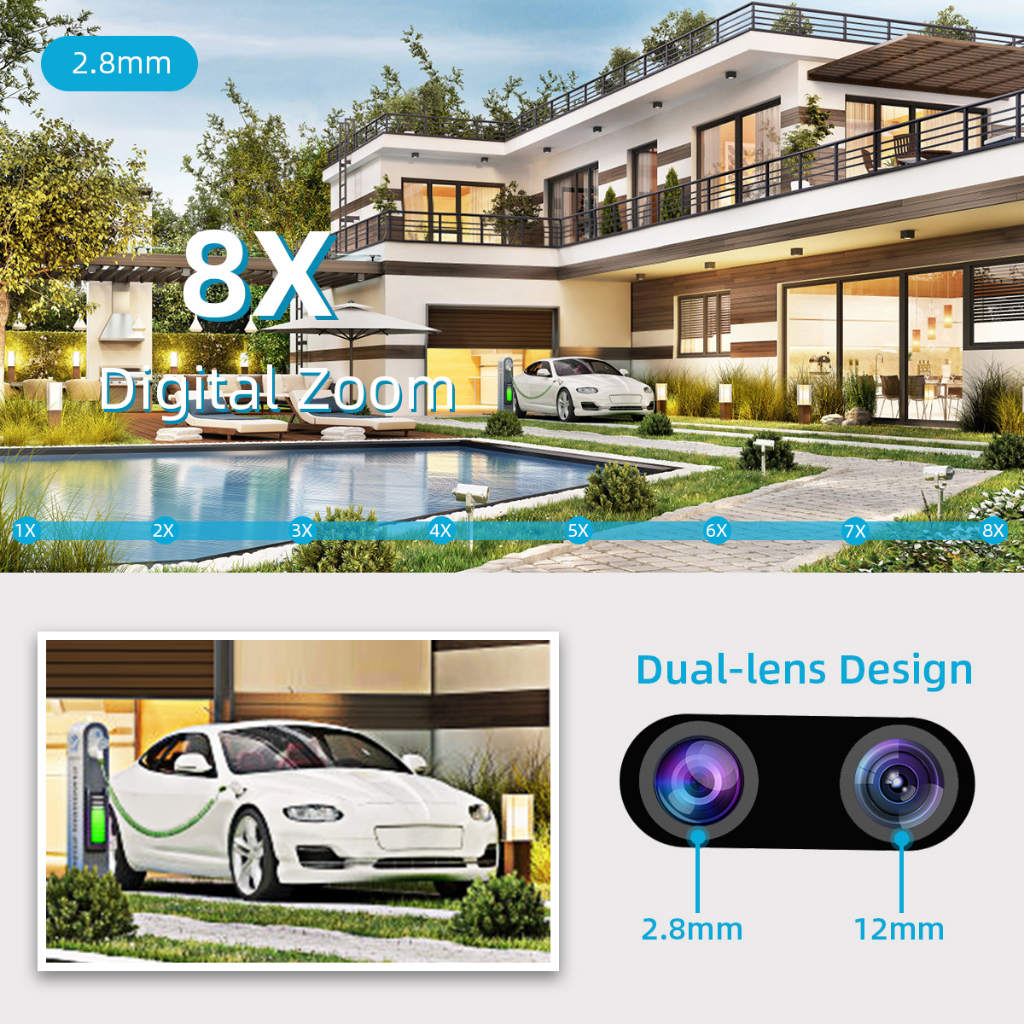 LLSEE APP icsee Dual Lens HD 8MP 4K Camera quan sát ngoài trời không dây Wi-Fi Camera thu phóng quang học 8X Camera an ninh Tầm nhìn ban đêm đầy màu sắc Không thấm nước Giao tiếp hai chiều