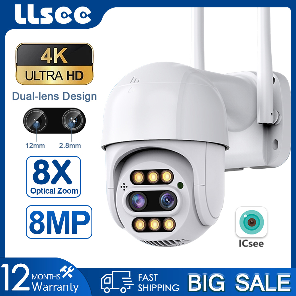 LLSEE APP icsee Dual Lens HD 8MP 4K Camera quan sát ngoài trời không dây Wi-Fi Camera thu phóng quang học 8X Camera an ninh Tầm nhìn ban đêm đầy màu sắc Không thấm nước Giao tiếp hai chiều