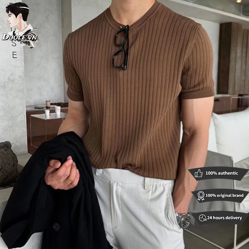 áo phông Nam fashion unisex Hàn Quốc simple Sọc Mẫn Mẫu mới Hàng trăm Tiện nghi Đơn giản Vòng co ngắn cặp vợ chồng ngắn tay áo