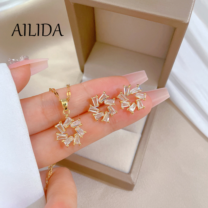 Bộ Dây Chuyền + Bông Tai + Nhẫn Bằng Thép Titan Dát Đá Zircon Sang Trọng Thời Trang Dự Tiệc Cho Nữ