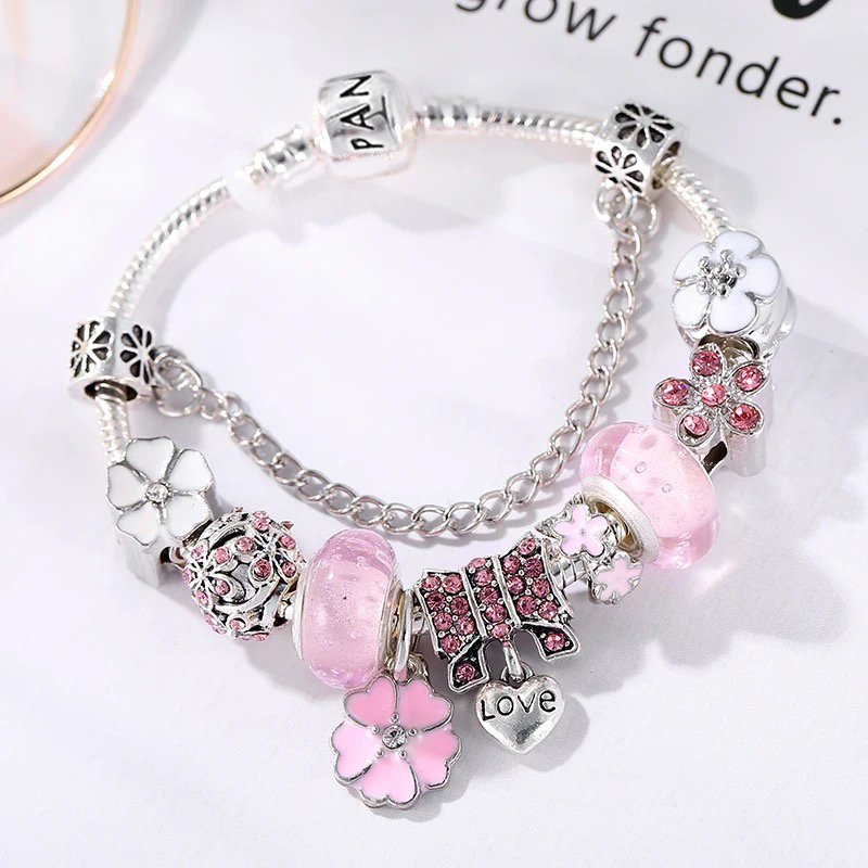 Vòng Tay Pandora Charm Hoa Mạ Bạc 925 Kèm Túi Nhung