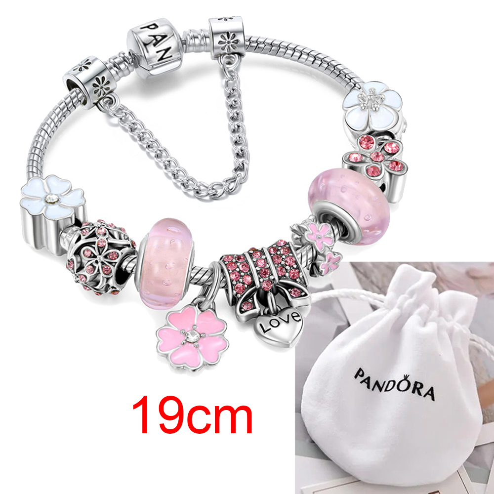 Vòng Tay Pandora Charm Hoa Mạ Bạc 925 Kèm Túi Nhung